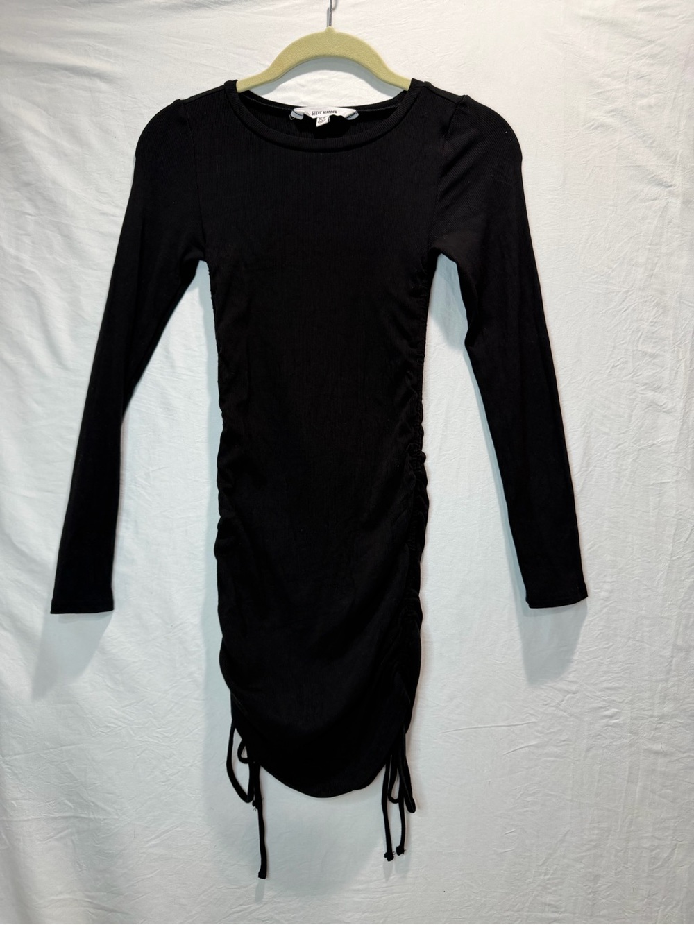 Steve Madden Black Long Sleeve Ruched Drawstring Dress